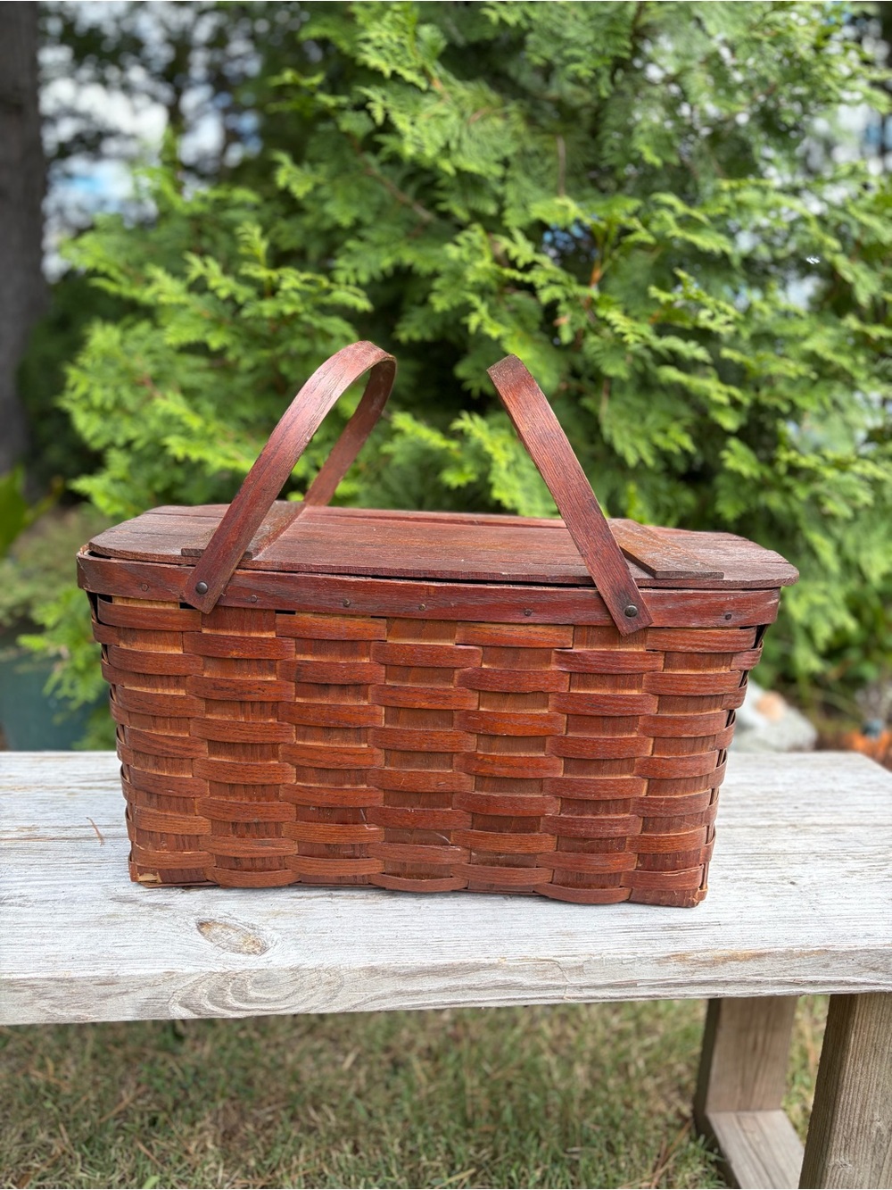 Primitive woven wood picnic basket vintage cottage French country decor
